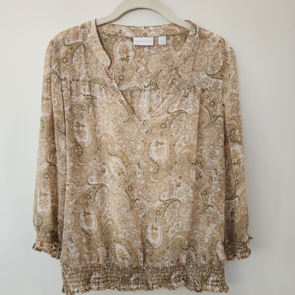 New York & Company size S tan and pink paisley blouse